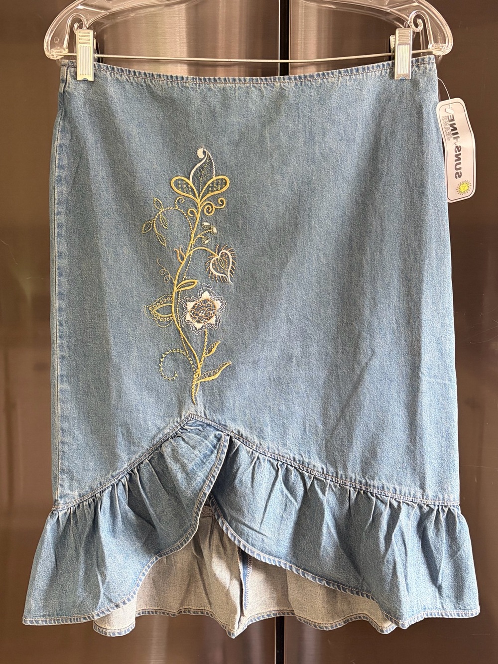 NWT Y2K Vintage Denim Embroidered Ruffle Hem Skirt Sz 9/10 Boho Cottage Festival